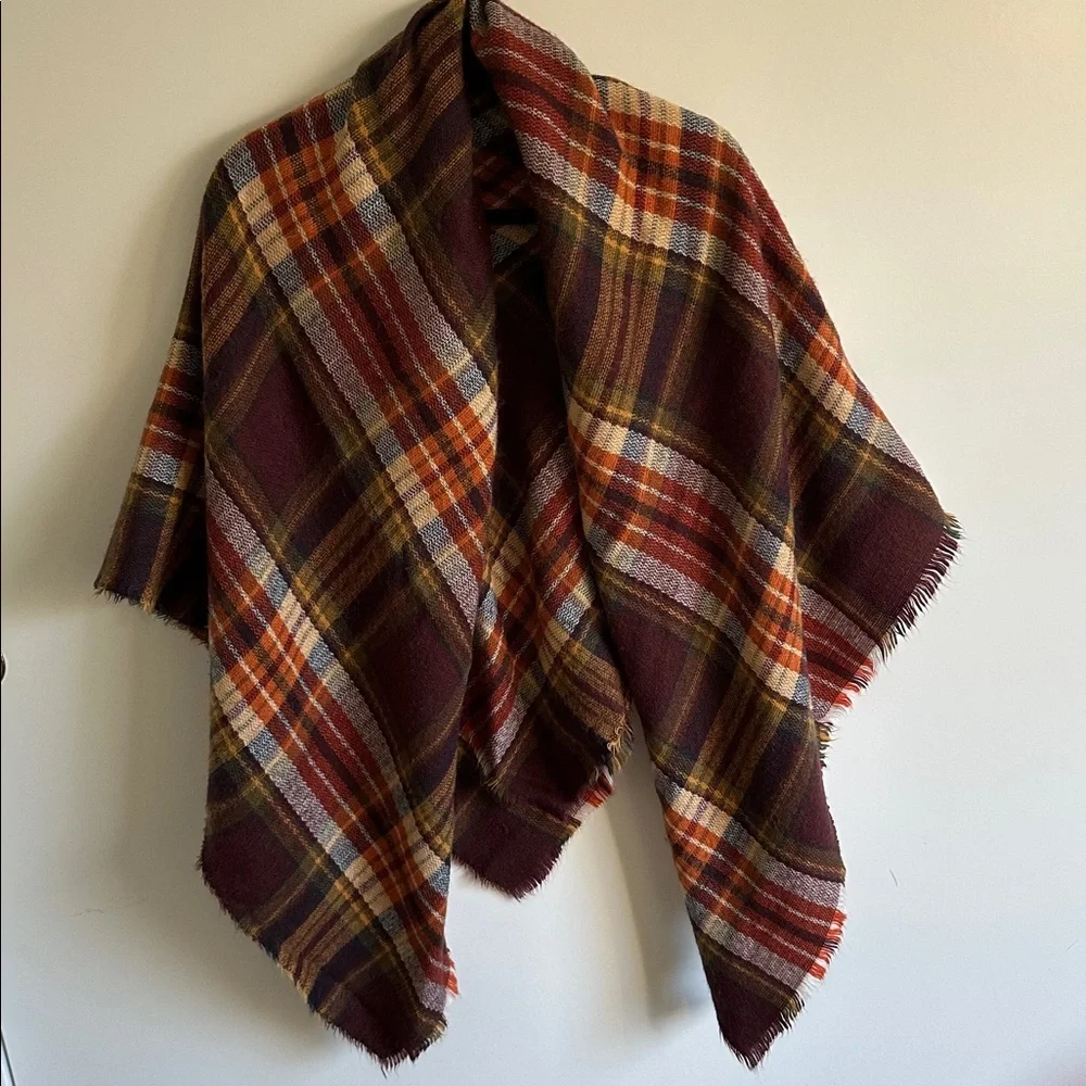 Zara Plaid Scarf Shawl Wraps in Burgundy and Orange Square 53” by 53”